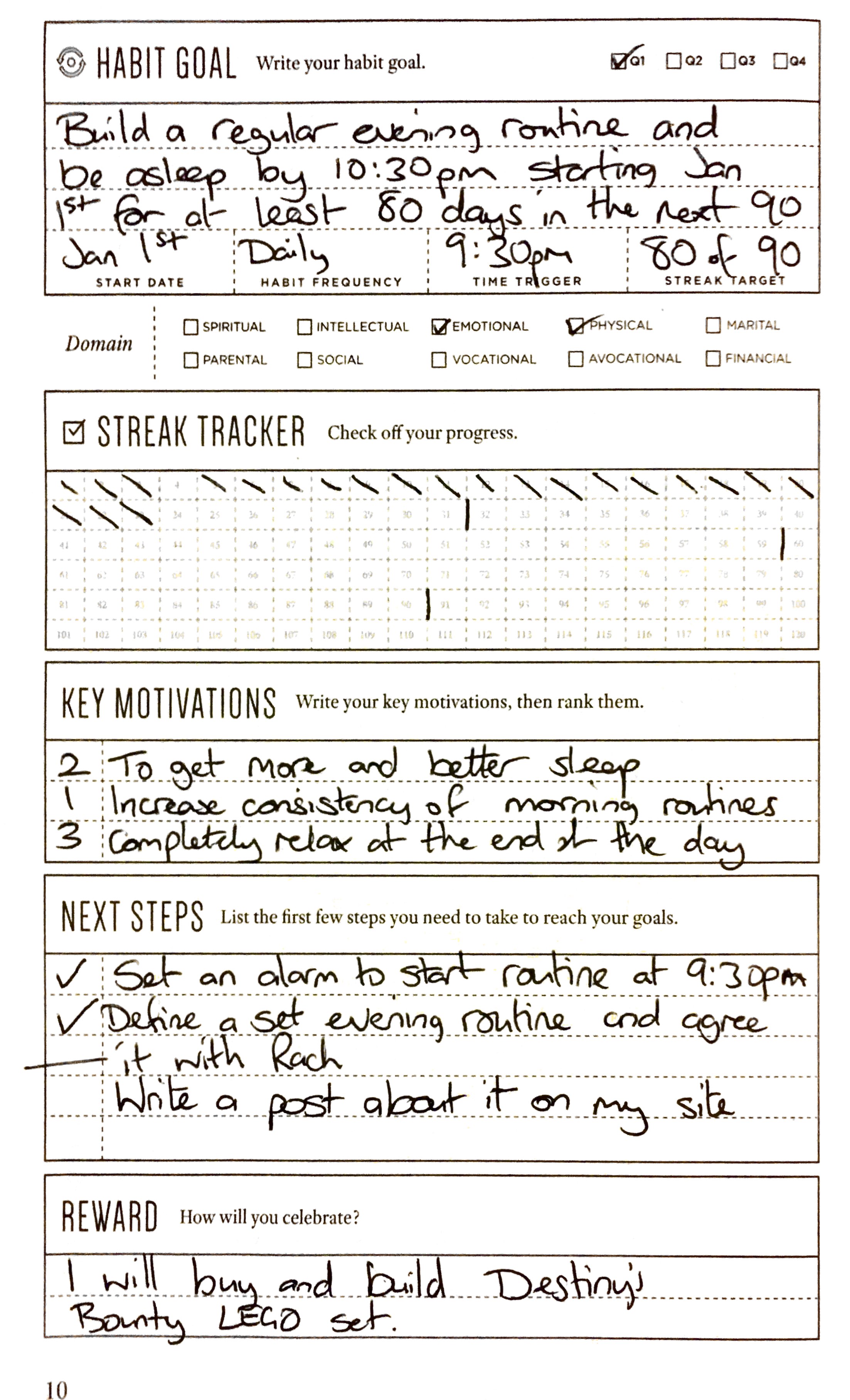 Picture of my bedtime routine goal page